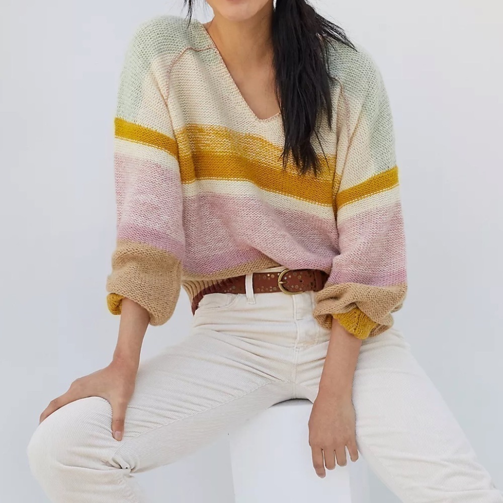 Anthropologie Theia V-Neck Sweater Size Large NWT Natural Stripe Metallic Accent